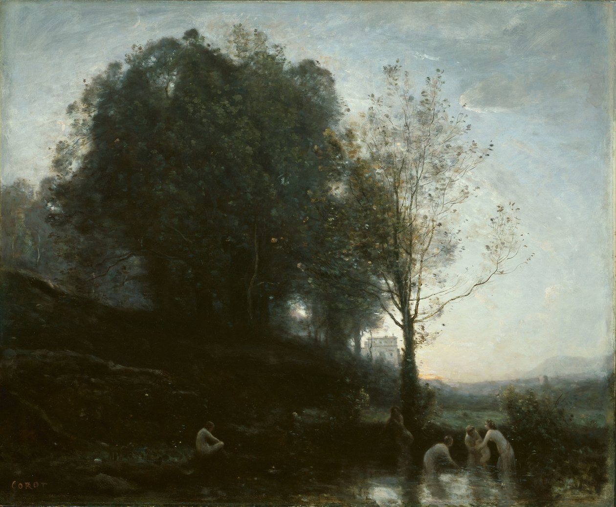 Koupání nymfy a dítě od Jean Baptiste Camille Corot