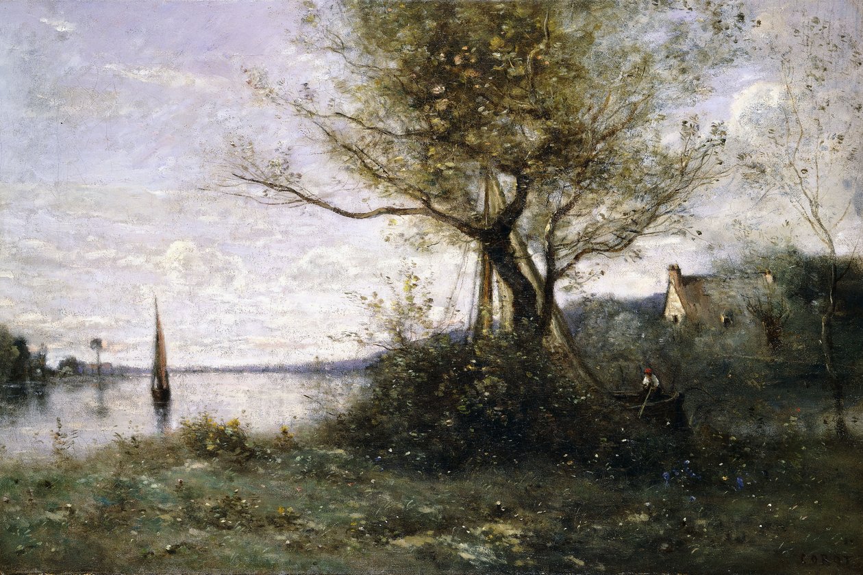 Loď na okraji ostrova, od Jean Baptiste Camille Corot