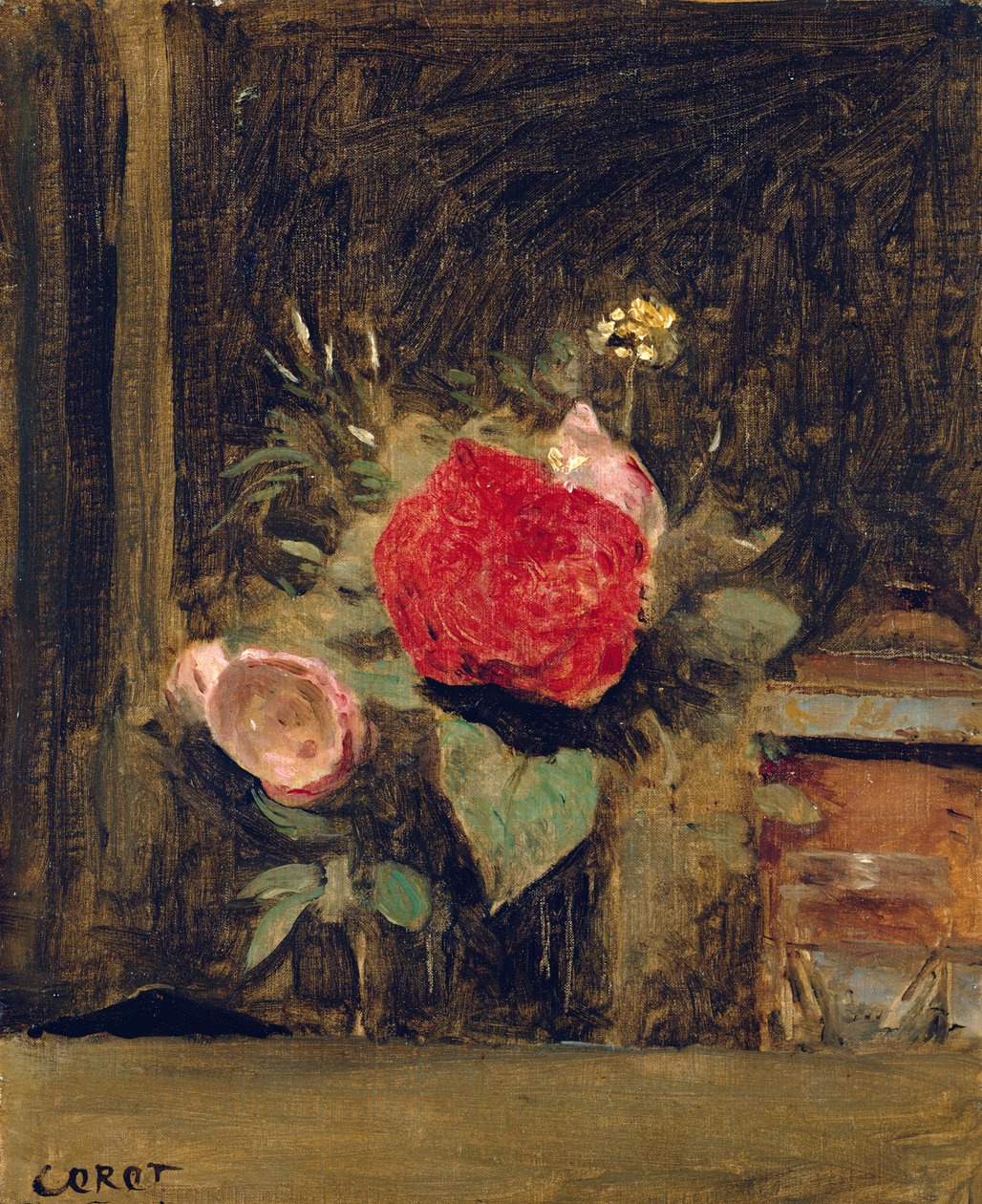 Kytice květin ve sklenici vedle hrnce na tabák, c.1873-74 od Jean Baptiste Camille Corot