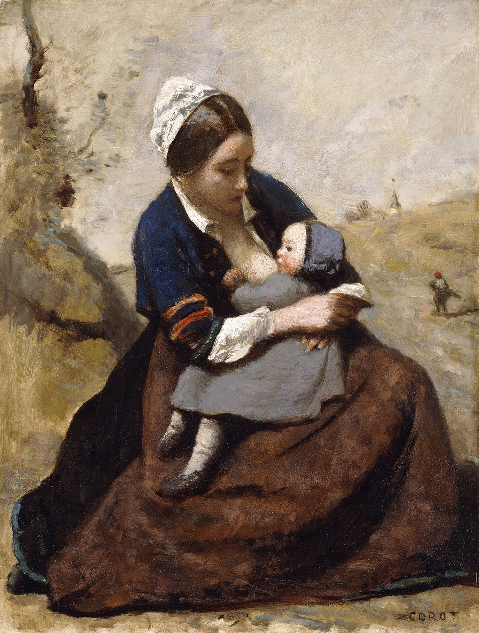Breton kojí své dítě; Breton kojí své dítě, 1855-1860 od Jean Baptiste Camille Corot