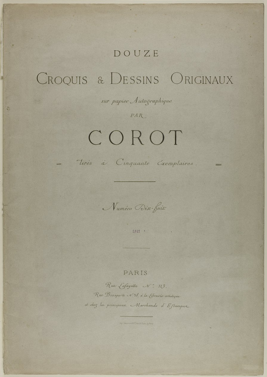 Obálka a text pro album Douze Croquis et Dessins Originaux od Jean Baptiste Camille Corot