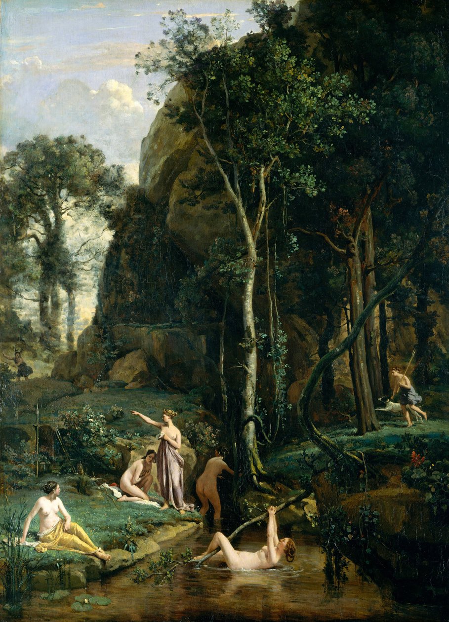 Aktaeon překvapí bohyni Artemis (Dianu) při koupání se svými společníky. od Jean Baptiste Camille Corot