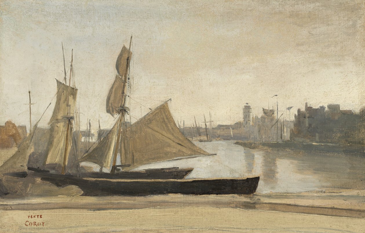 Dunkerque, Rybářské čluny přivázané k Wharf, c.1830 od Jean Baptiste Camille Corot