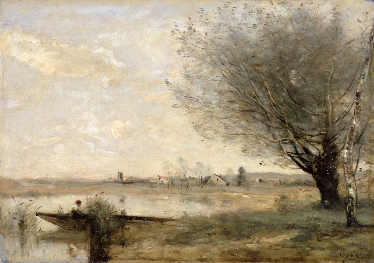 Rybář zakotvený u břehu (olej na plátně) od Jean Baptiste Camille Corot