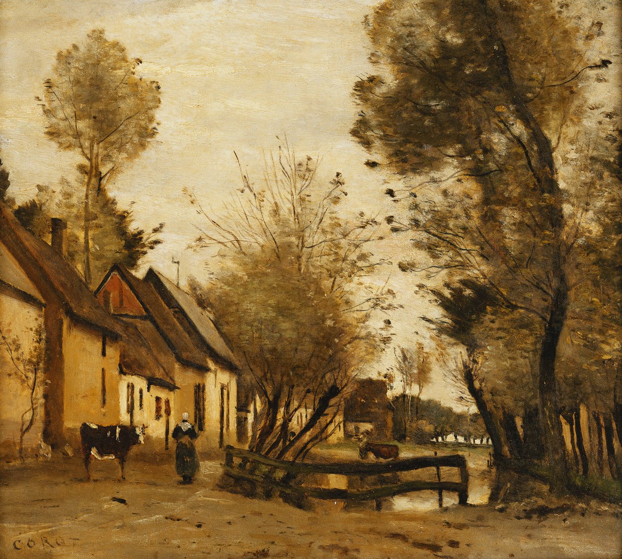 Flesselles, Ulice s rolníkem a krávou; Flesselles, ulice se selkou a její krávou, cca 1862-1865 od Jean Baptiste Camille Corot
