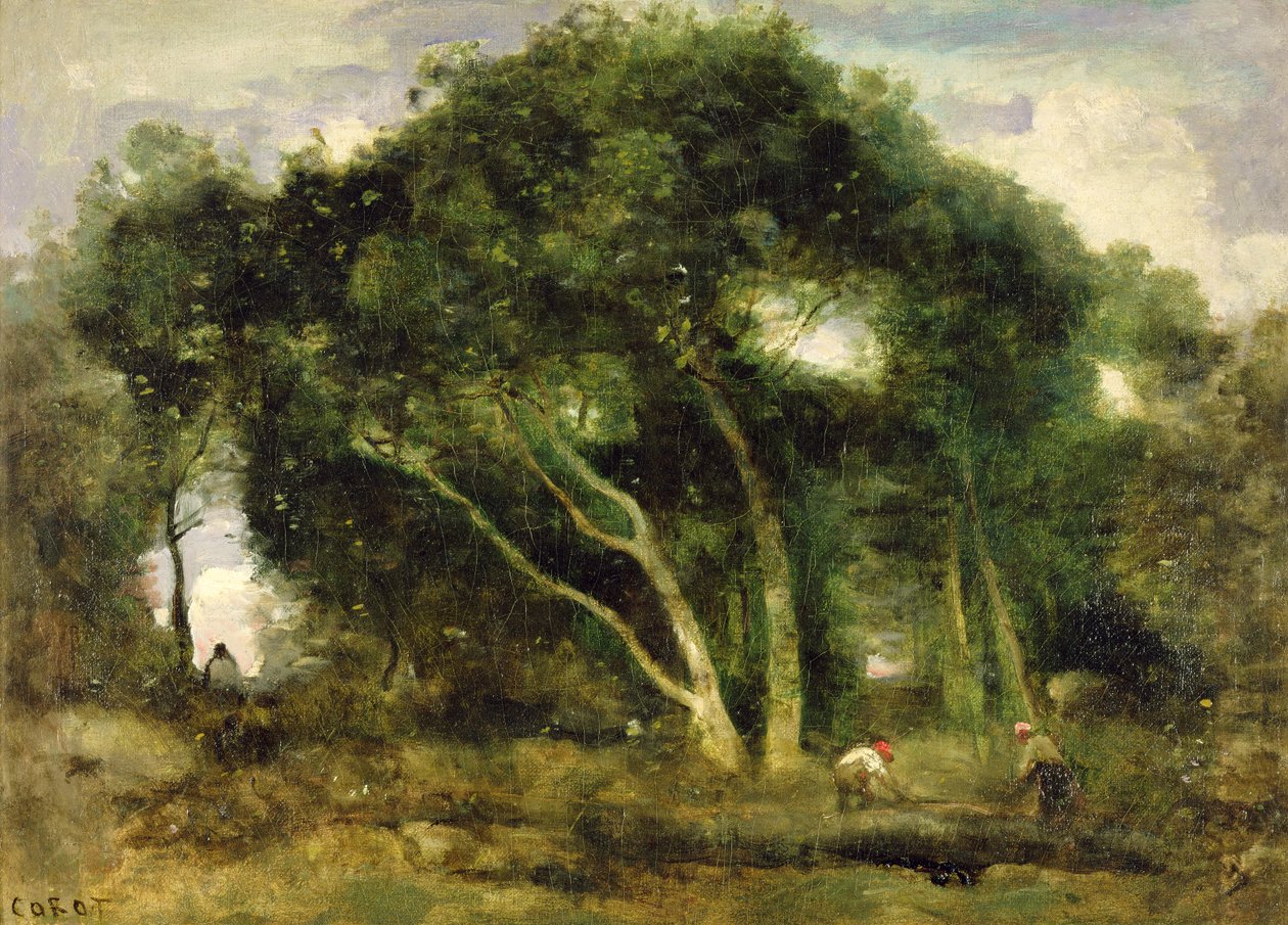 Fontainebleau: Leaning Oaks in a Forest Clearing, cca 1830-40 (olej na plátně) od Jean Baptiste Camille Corot