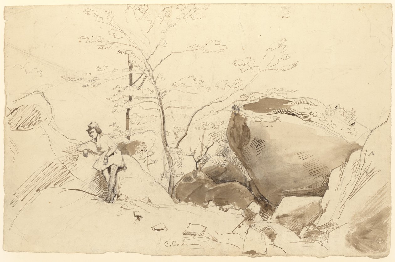 Fontainebleau, postava opřená o skálu od Jean Baptiste Camille Corot