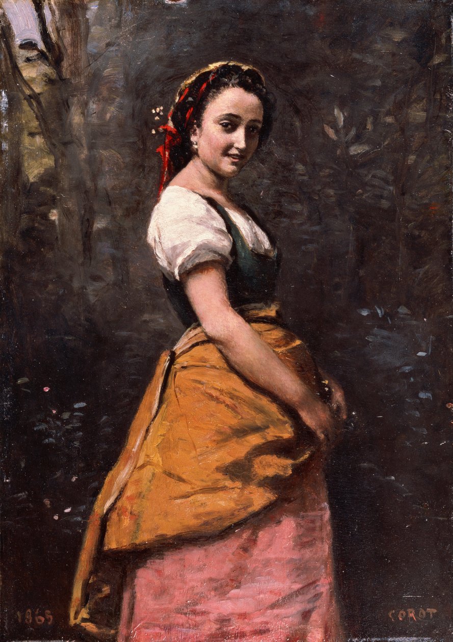 Francouzština:  Jeune femme en forêt Mladá žena v lese od Jean Baptiste Camille Corot