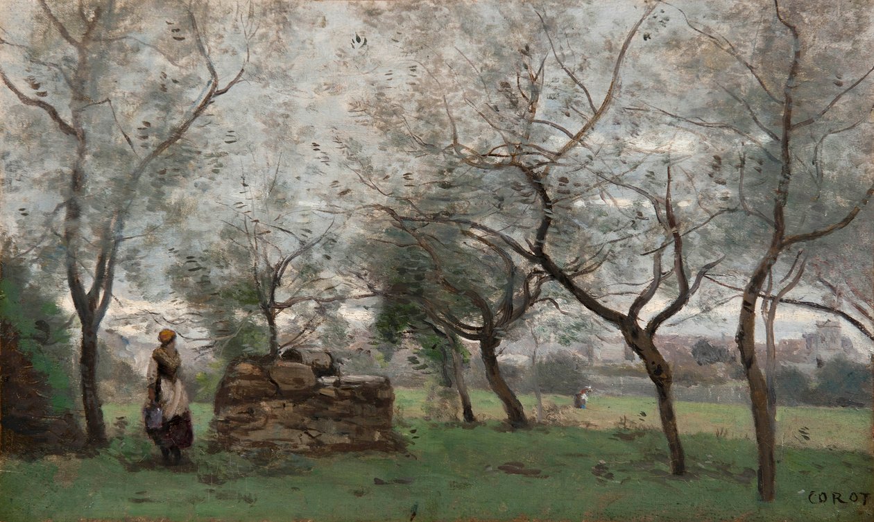 Francouzsky: Le verger, u Mantes od Jean Baptiste Camille Corot
