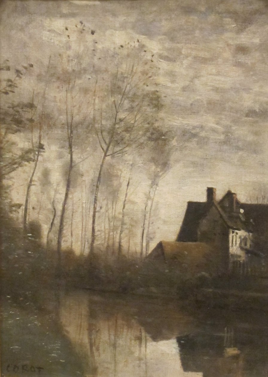 Francouzsky: Scène de rivière avec maisons et peupliers Říční scéna s domy a topoly od Jean Baptiste Camille Corot