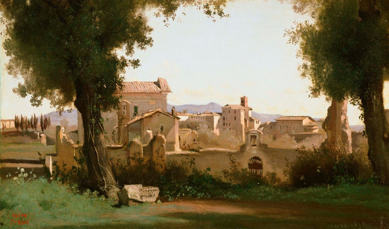 Francouzština:  Vue depuis les Jardins Farnèse Pohled z Farneských zahrad, Řím od Jean Baptiste Camille Corot