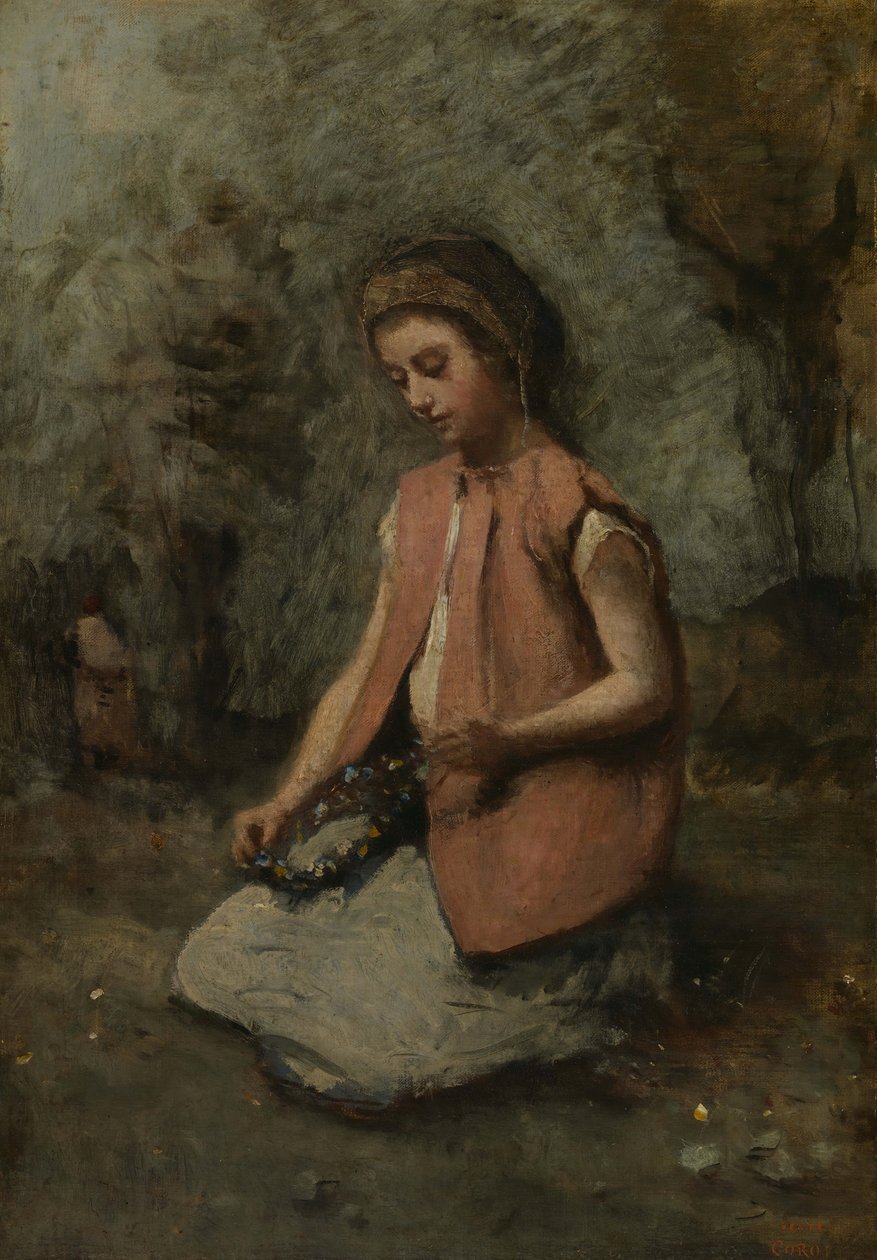 Dívka tkající girlandu, 1860-65. od Jean Baptiste Camille Corot