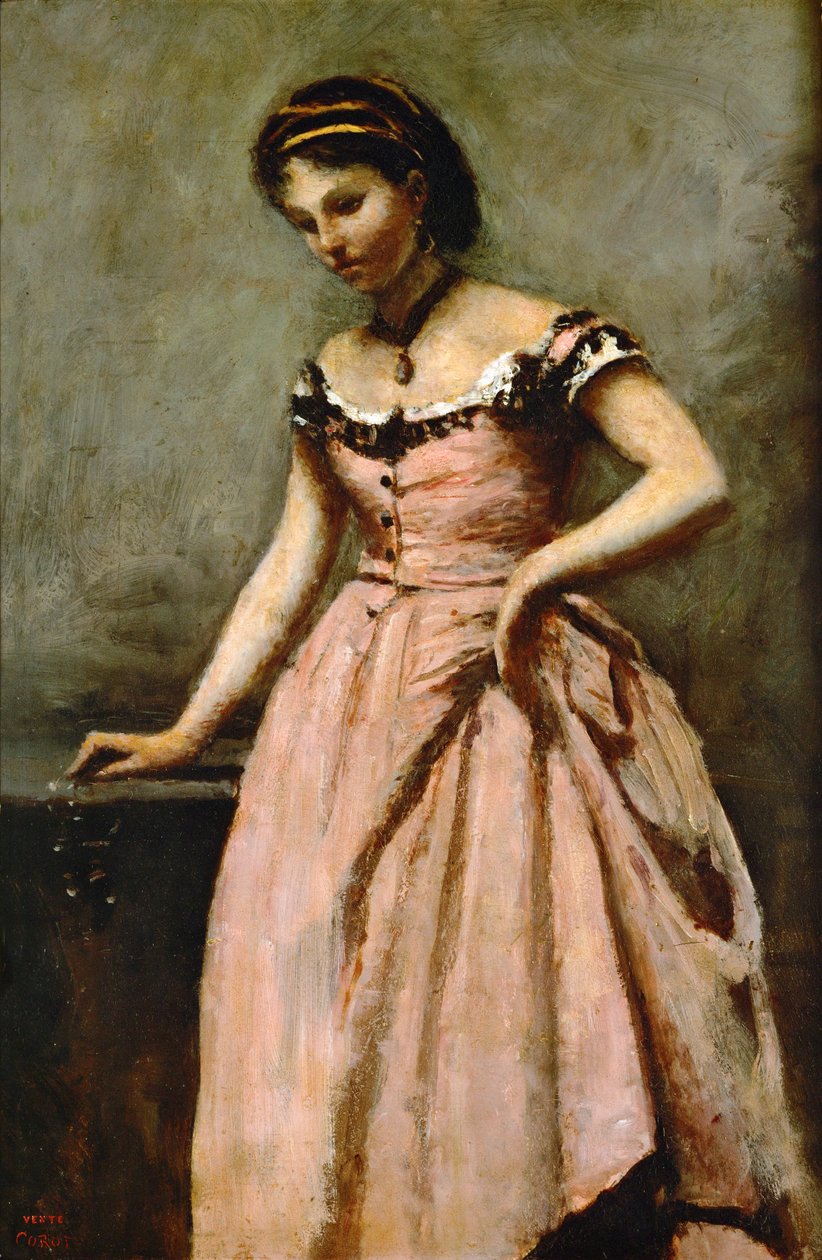 Dívka v růžových šatech s růžemi a perlou ... od Jean Baptiste Camille Corot