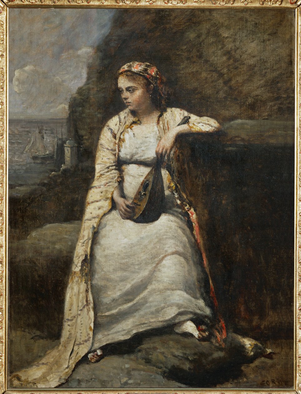 Haydee, jeune femme en costume grec - mladá žena v řeckém kostýmu, snad hrdinka Byronova Dona Juana... od Jean Baptiste Camille Corot