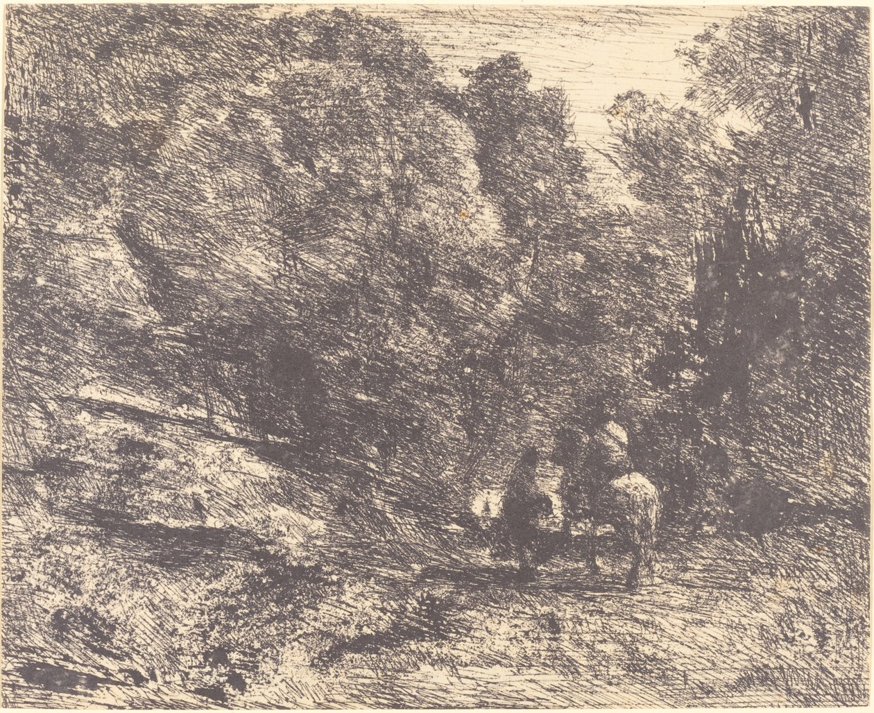 Jezdec a tulák v lese od Jean Baptiste Camille Corot
