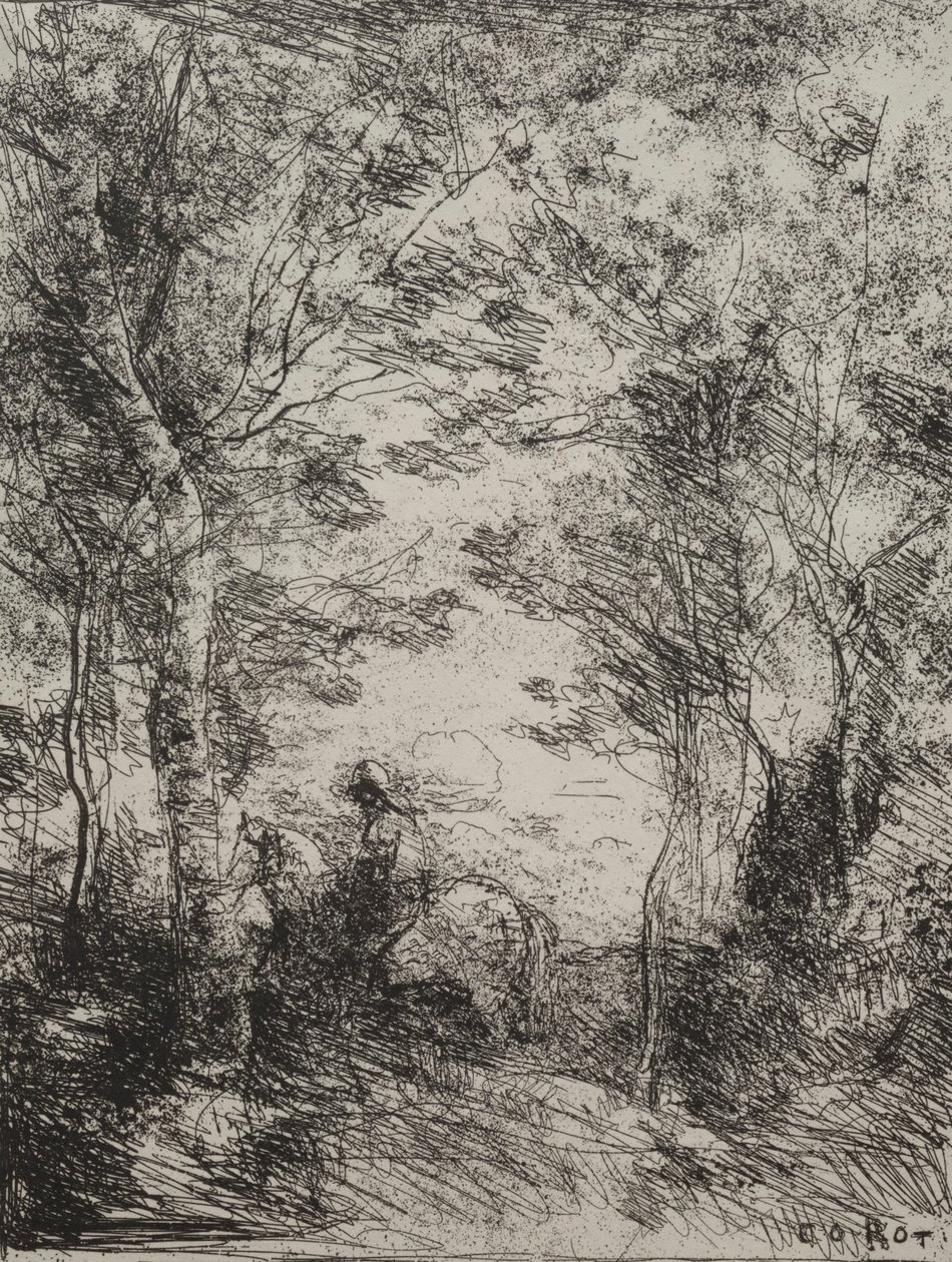 Jezdec v lese, původní otisk 1854, vytištěno v roce 1921. od Jean Baptiste Camille Corot