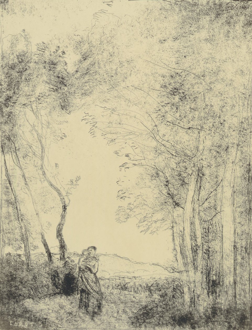 Mladá matka u vchodu do lesa od Jean Baptiste Camille Corot