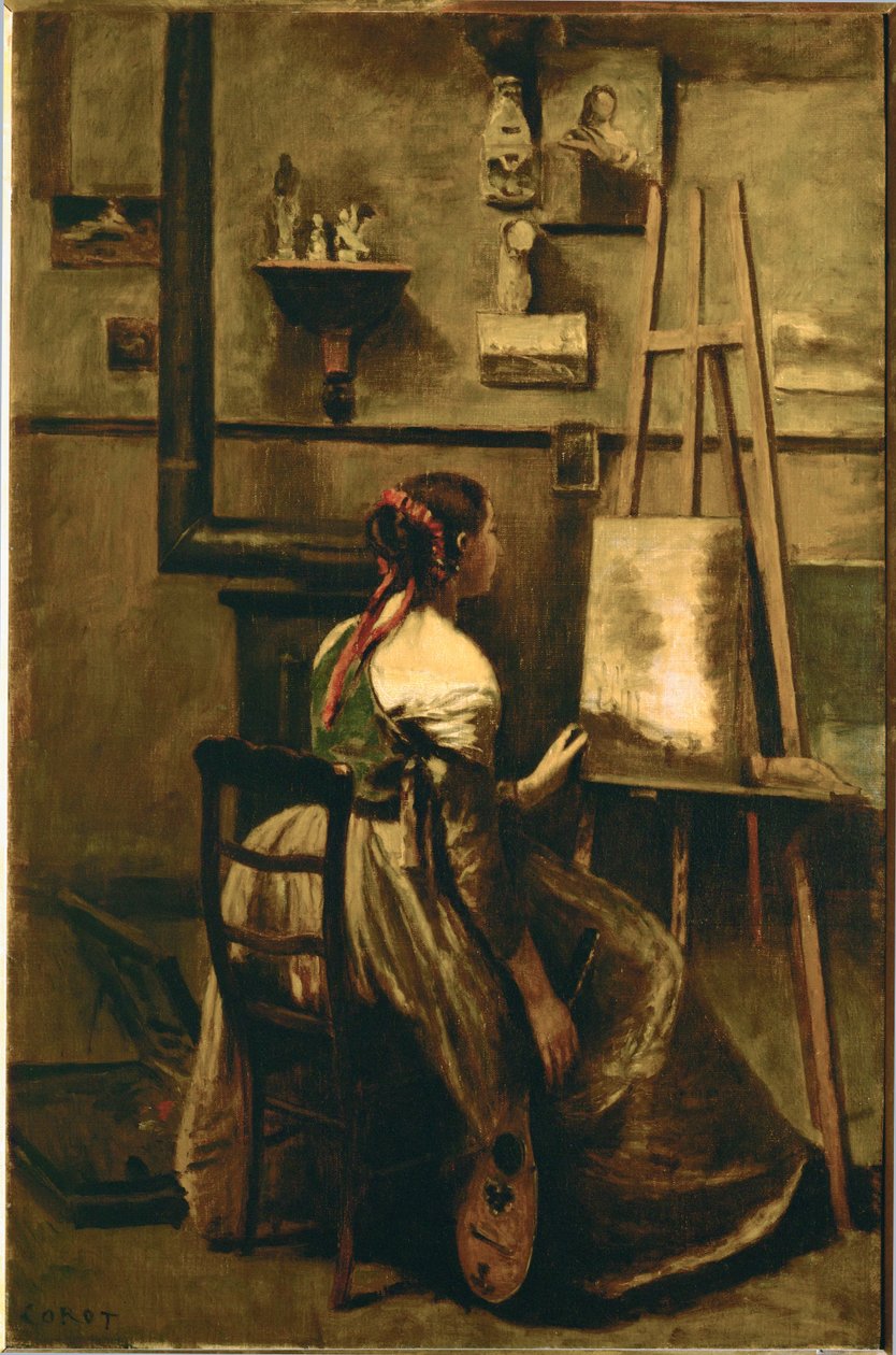 Corotův ateliér - mladá žena sedící před stojanem ... od Jean Baptiste Camille Corot