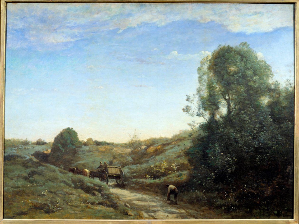 La Charrette - Suvenýr Marcoussis (nedaleko Montlhery). Obraz Camille Corot (1796-1875), kolem roku 1855. Olej na plátně. Rozměr: 0,97 x 1,30 m. Paříž, Musee d
