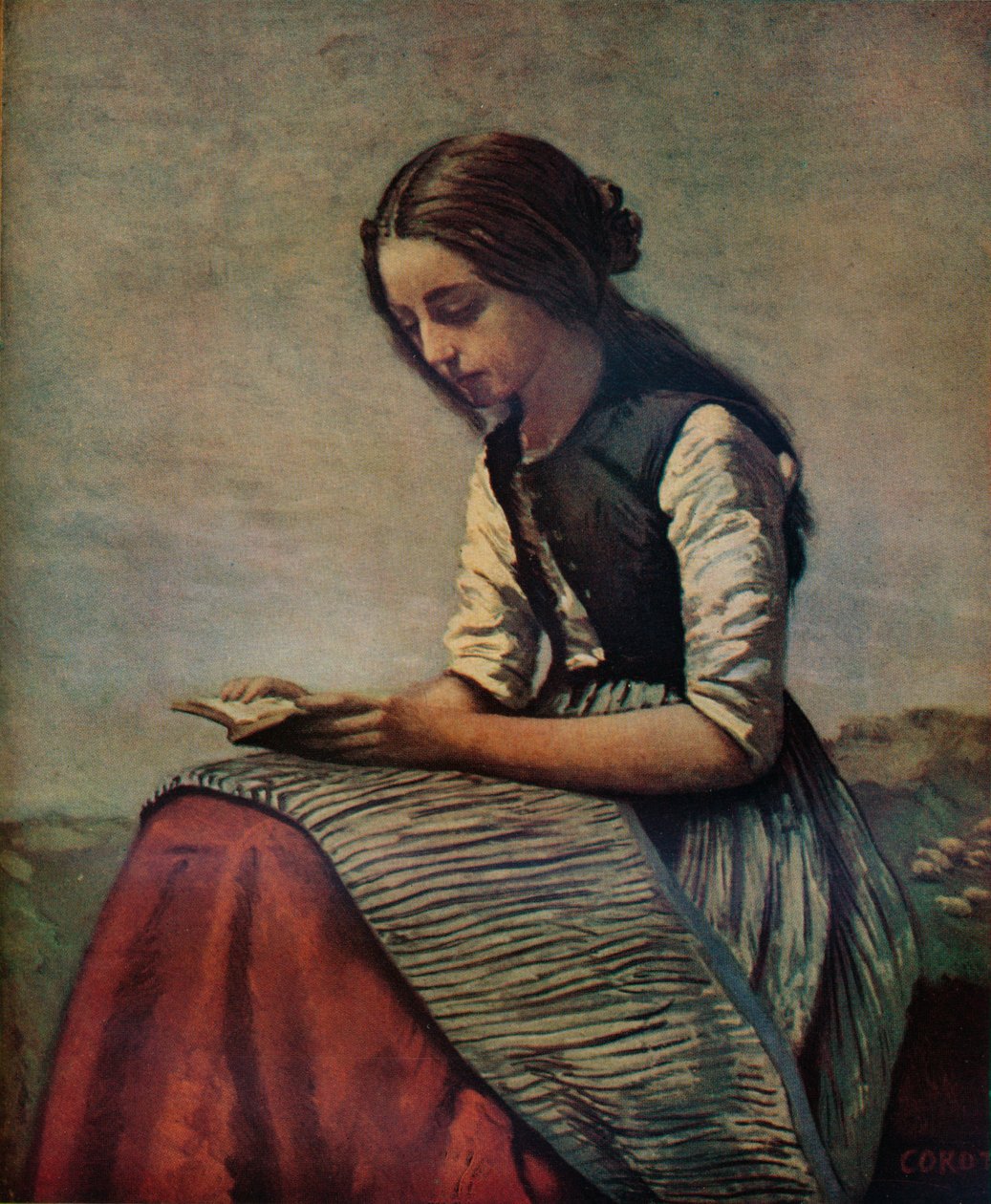 La petite Liseuse neboli mladá pastýřka sedící a čtená, c1855 od Jean Baptiste Camille Corot