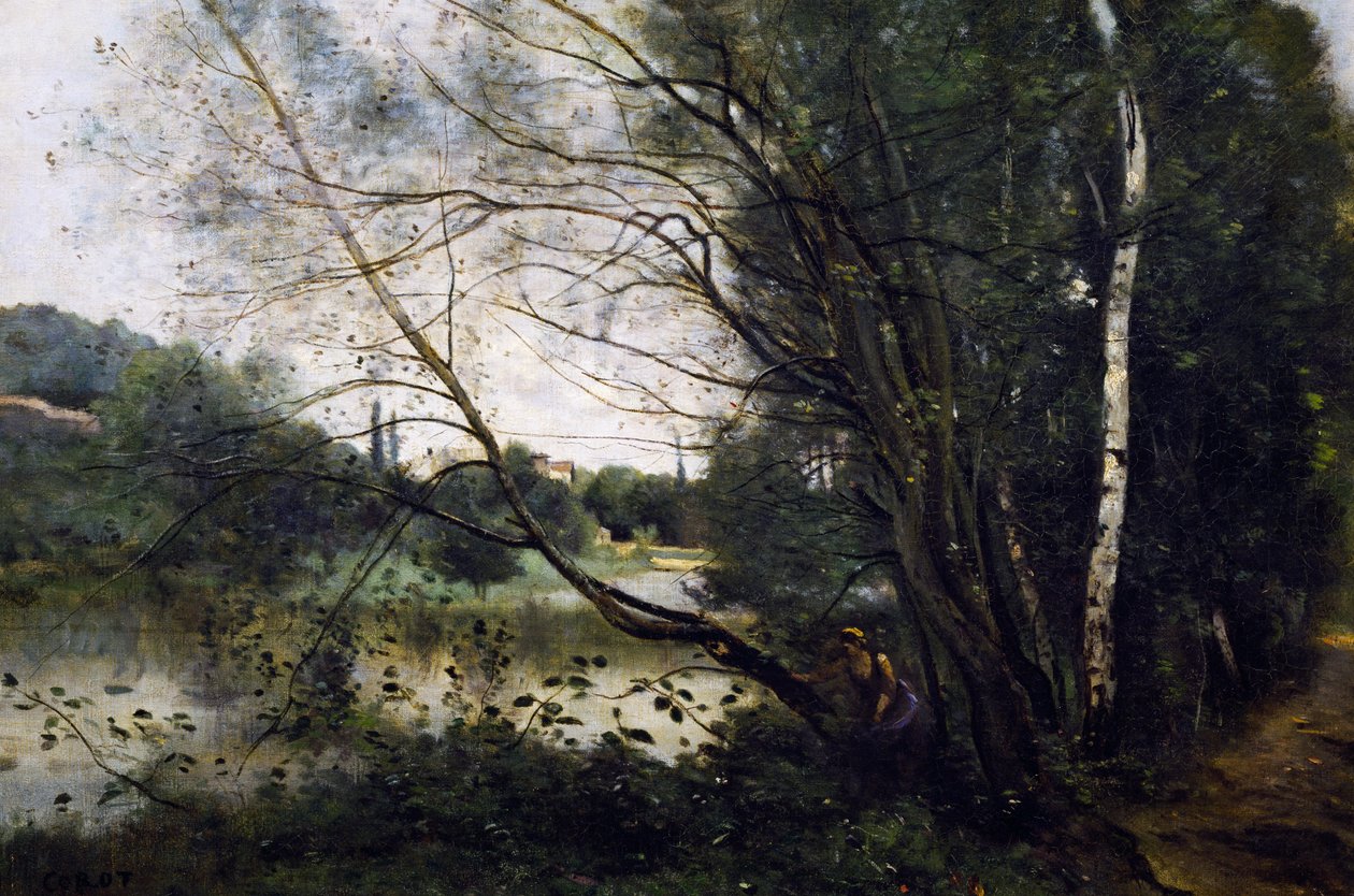 Jezero s naklánějícím se kmenem stromu od Jean Baptiste Camille Corot
