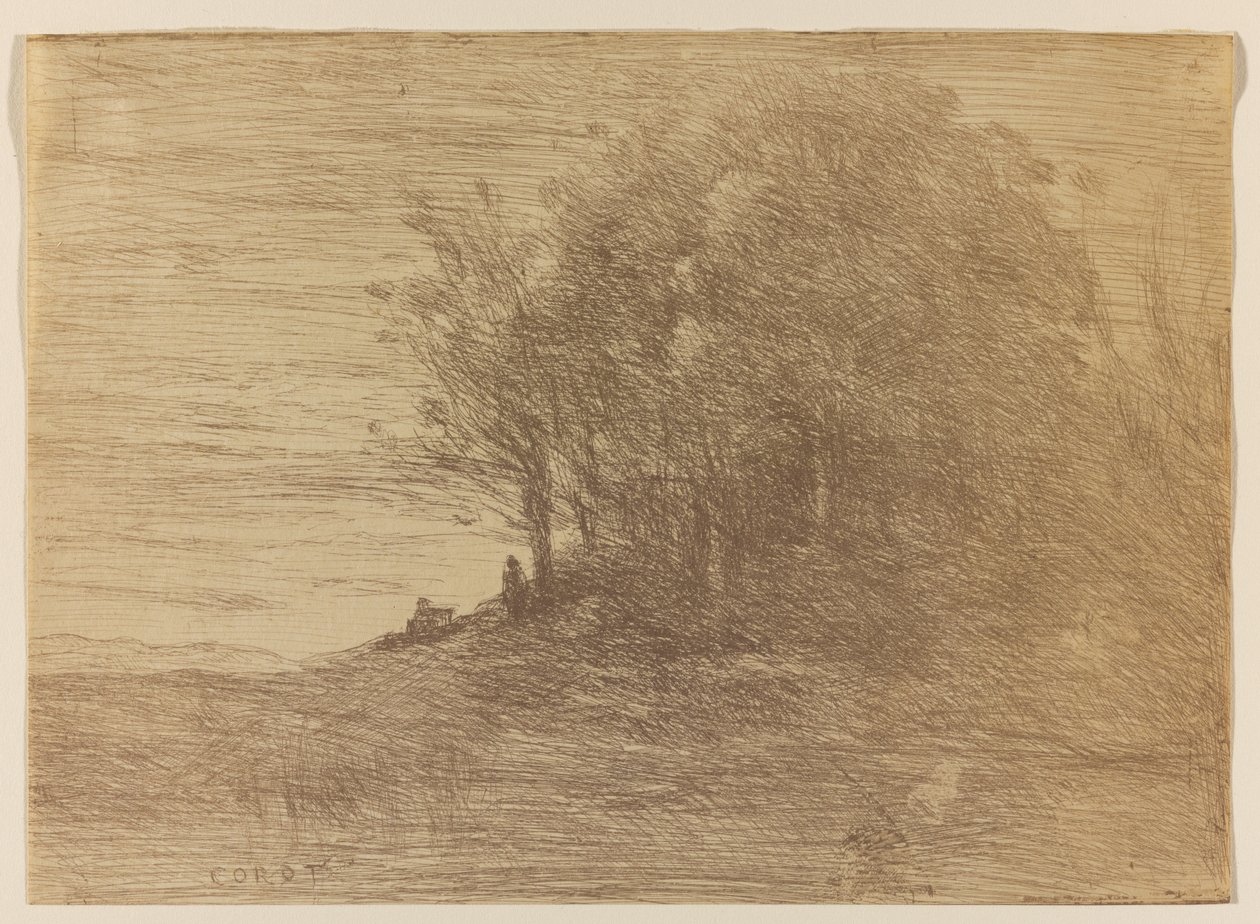 Le Bois de Lermite, 1858 (klišé-verre v bistre-hnědé barvě na tkaném papíře) od Jean Baptiste Camille Corot