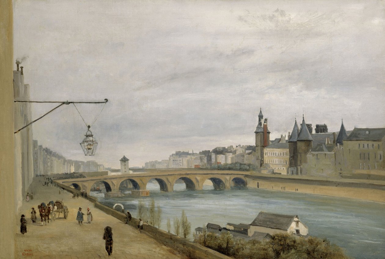 Pont au Change při pohledu z nábřeží Quai de Gesvres (1830), asi 1830 (olej na plátně) od Jean Baptiste Camille Corot