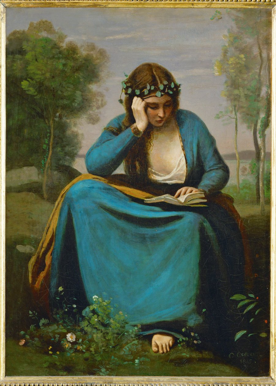 Liseuse couronee des Fleurs or La Muse de Virgil ... od Jean Baptiste Camille Corot