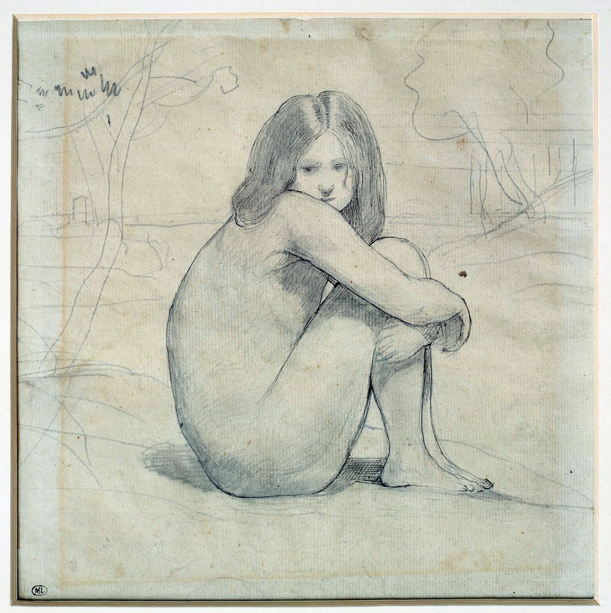 Holčička sedící v krajině Kresba tužkou a černým inkoustem od Camille Corot (1796-1875) Sun 19. století. 0,22x0,26 m Paříž, Musee du Louvre od Jean Baptiste Camille Corot