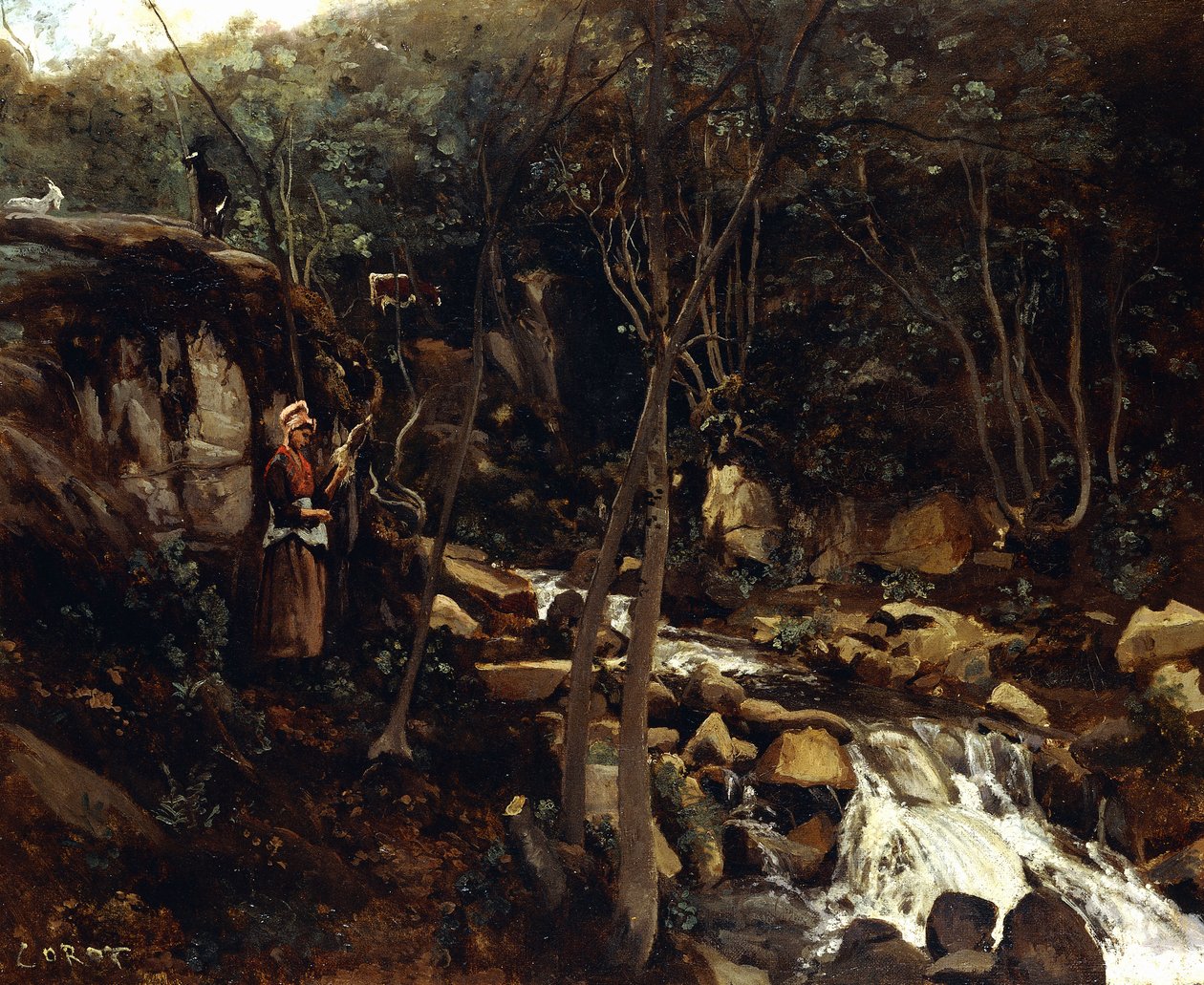 Lormes - Torrent se stojícím rolníkem, Předení vlny, 1842 od Jean Baptiste Camille Corot