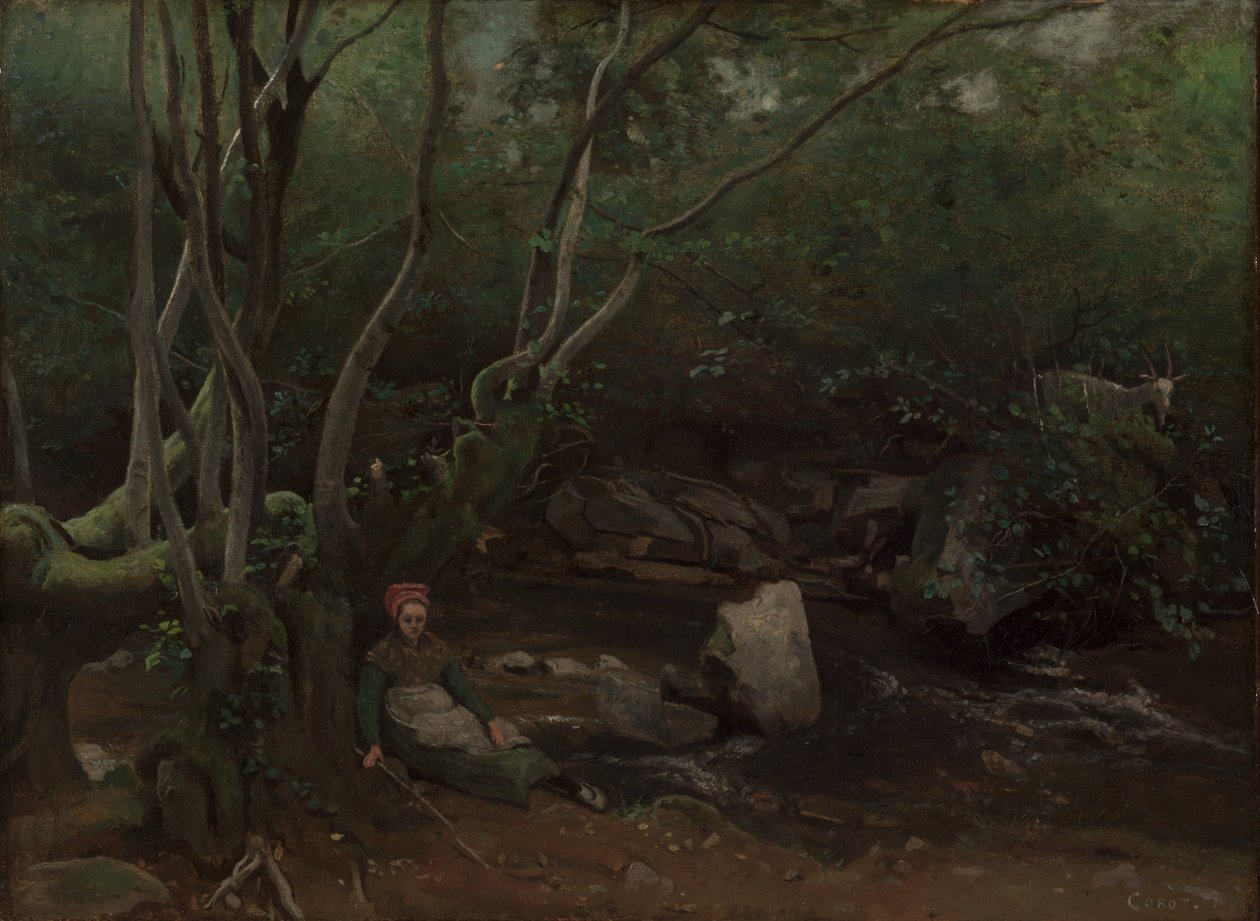 Lormes: Kozí dívka sedící u potoka v lese od Jean Baptiste Camille Corot