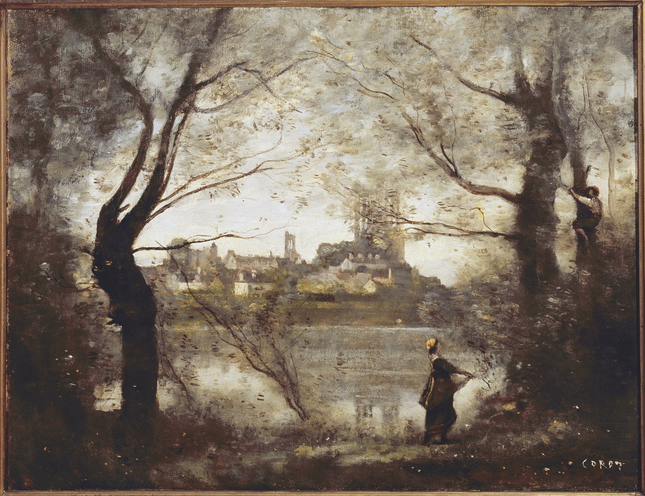 Mantes, katedrála a město viděné mezi stromy, večer (olej na plátně od Jean Baptiste Camille Corot