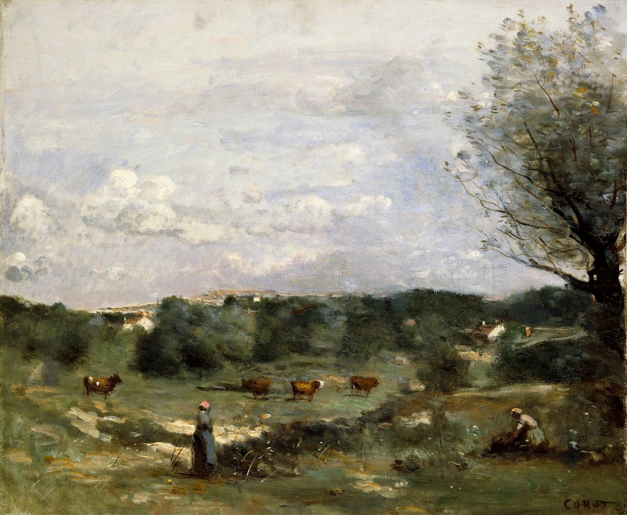 Louka s krávami, vrba vpravo a vzdálená vesnice, od Jean Baptiste Camille Corot