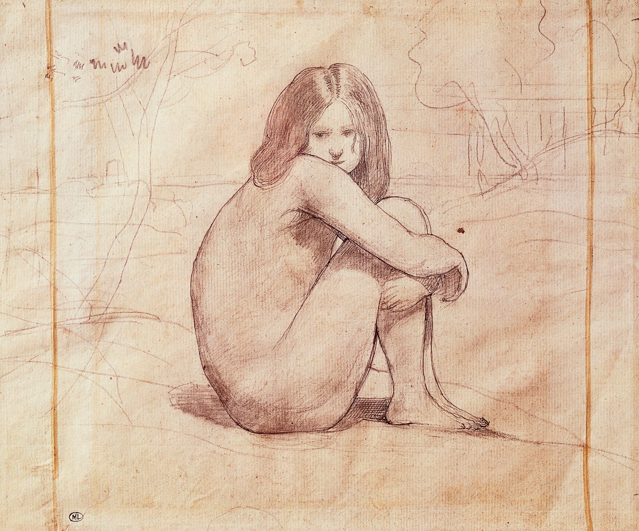 Sedící nahá dívka, kresba Jean-Baptiste-Camille Corot (1796-1875) od Jean Baptiste Camille Corot