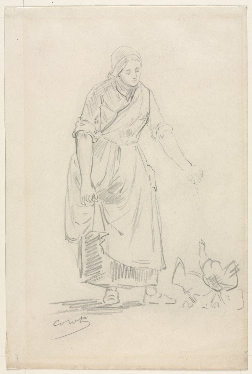 Rolnická dívka krmení kuřat, 1800s. od Jean Baptiste Camille Corot