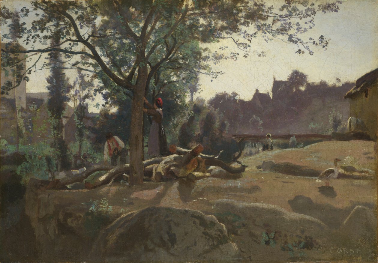 Rolníci pod stromy za úsvitu, c. 1843 od Jean Baptiste Camille Corot