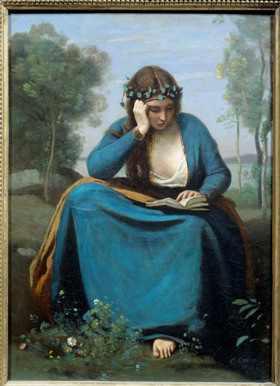 Čtenář korunovaný květinami aneb múza od Virgile Painting od Camille Corot (1796-1875) 1845 Rozm. 0,45x0,34 m od Jean Baptiste Camille Corot