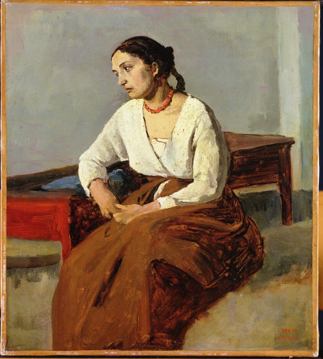 Sedící žena v hnědé sukni od Jean Baptiste Camille Corot