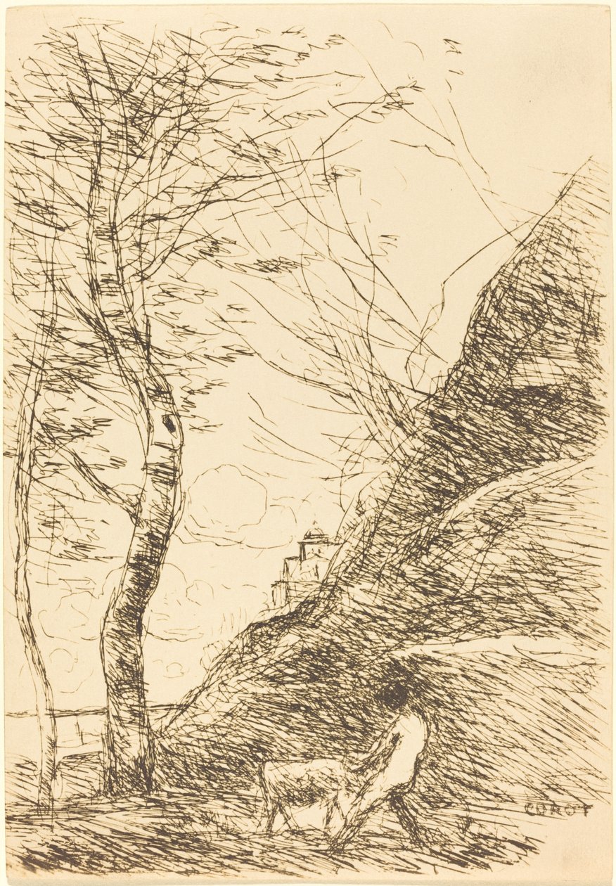 Pastýř zápasící s kozou (Berger luttant avec sa chevre) od Jean Baptiste Camille Corot