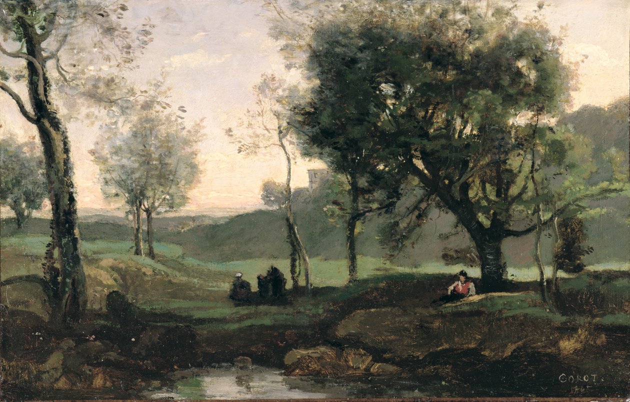 Západ slunce: Postavy pod stromy (olej na plátně) od Jean Baptiste Camille Corot