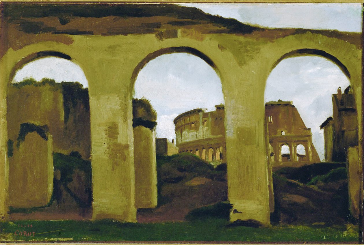 Koloseum, pohled přes arkády baziliky svatého Konstantina, Řím ... od Jean Baptiste Camille Corot