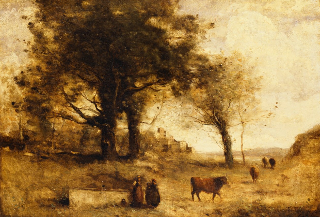 Krávy a studna, od Jean Baptiste Camille Corot