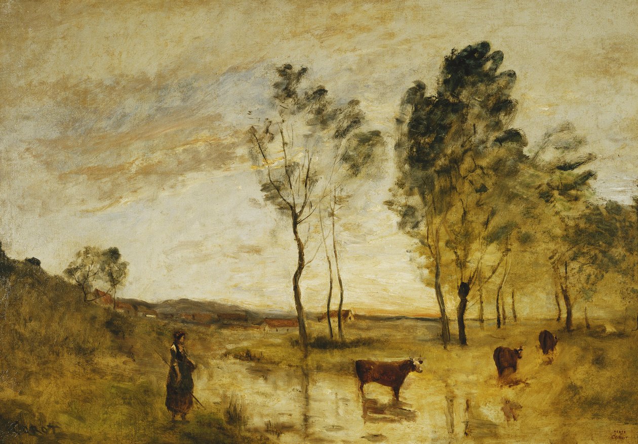 Ford; Krávy na okraji Fordu; Le Gue; Krávy na okraji Gue, cca 1870-1873 od Jean Baptiste Camille Corot