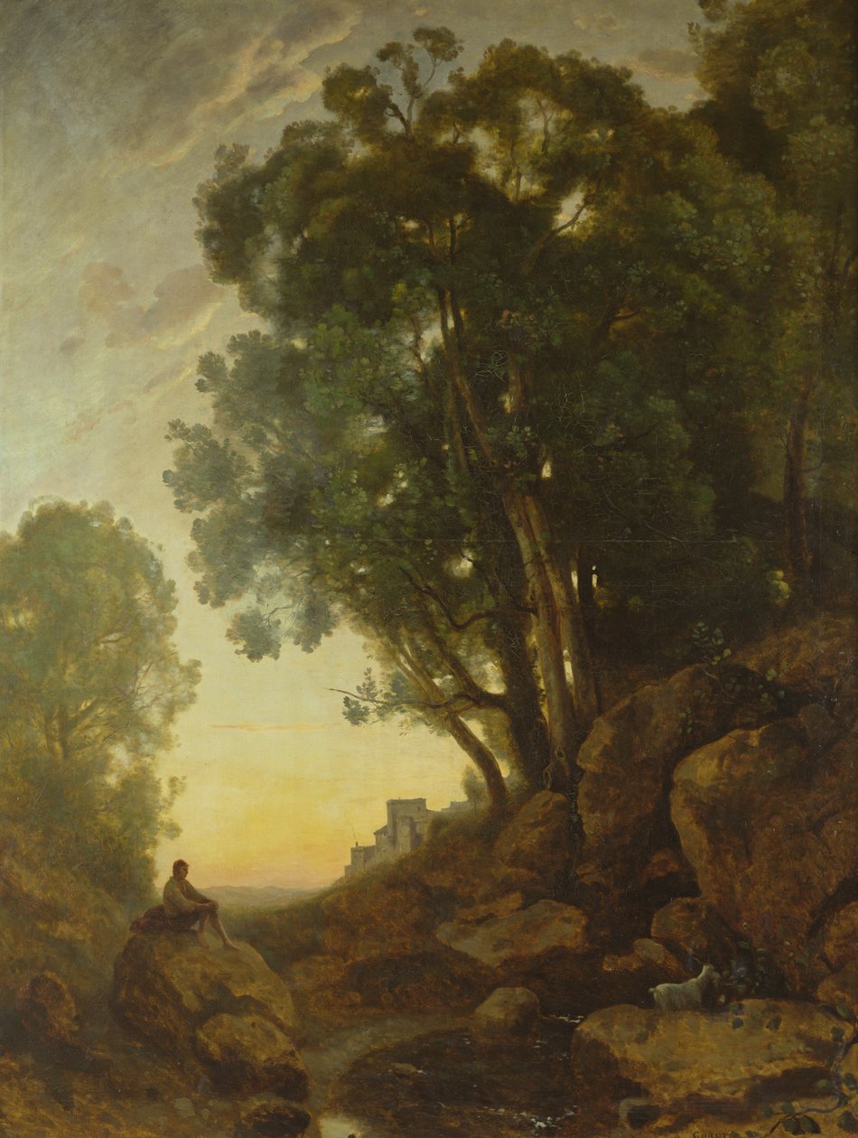 Italský pastevec koz, aneb Účinek zapadajícího slunce, c.1847 od Jean Baptiste Camille Corot