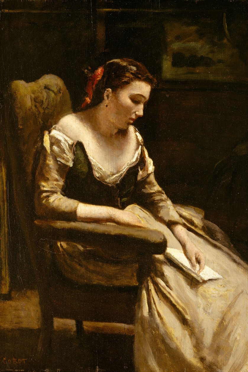 The Letter, cca 1865 (olej na dřevě) od Jean-Baptiste-Camille Corot