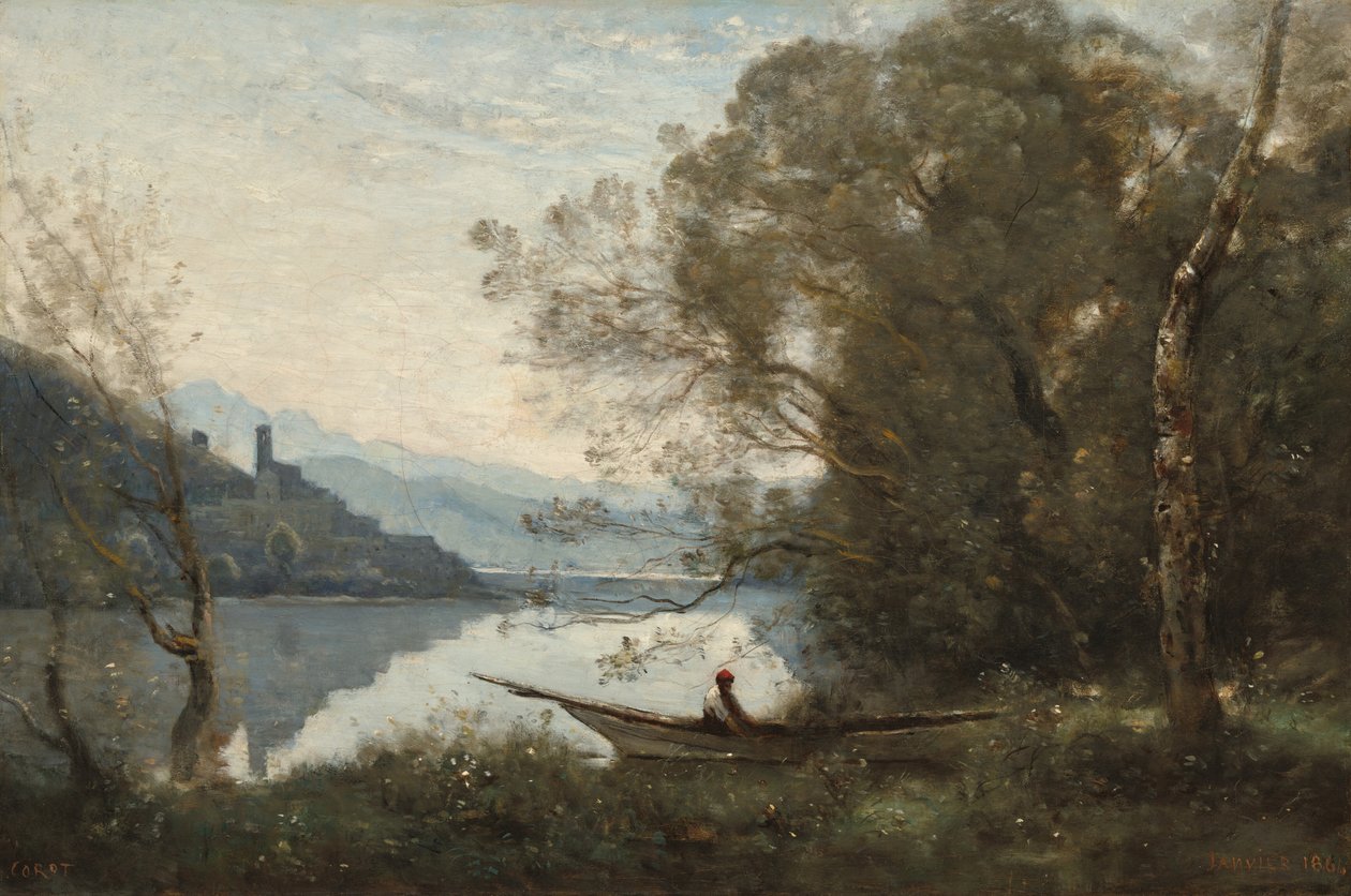 Moored Boatman: Suvenýr italského jezera, 1861. od Jean Baptiste Camille Corot