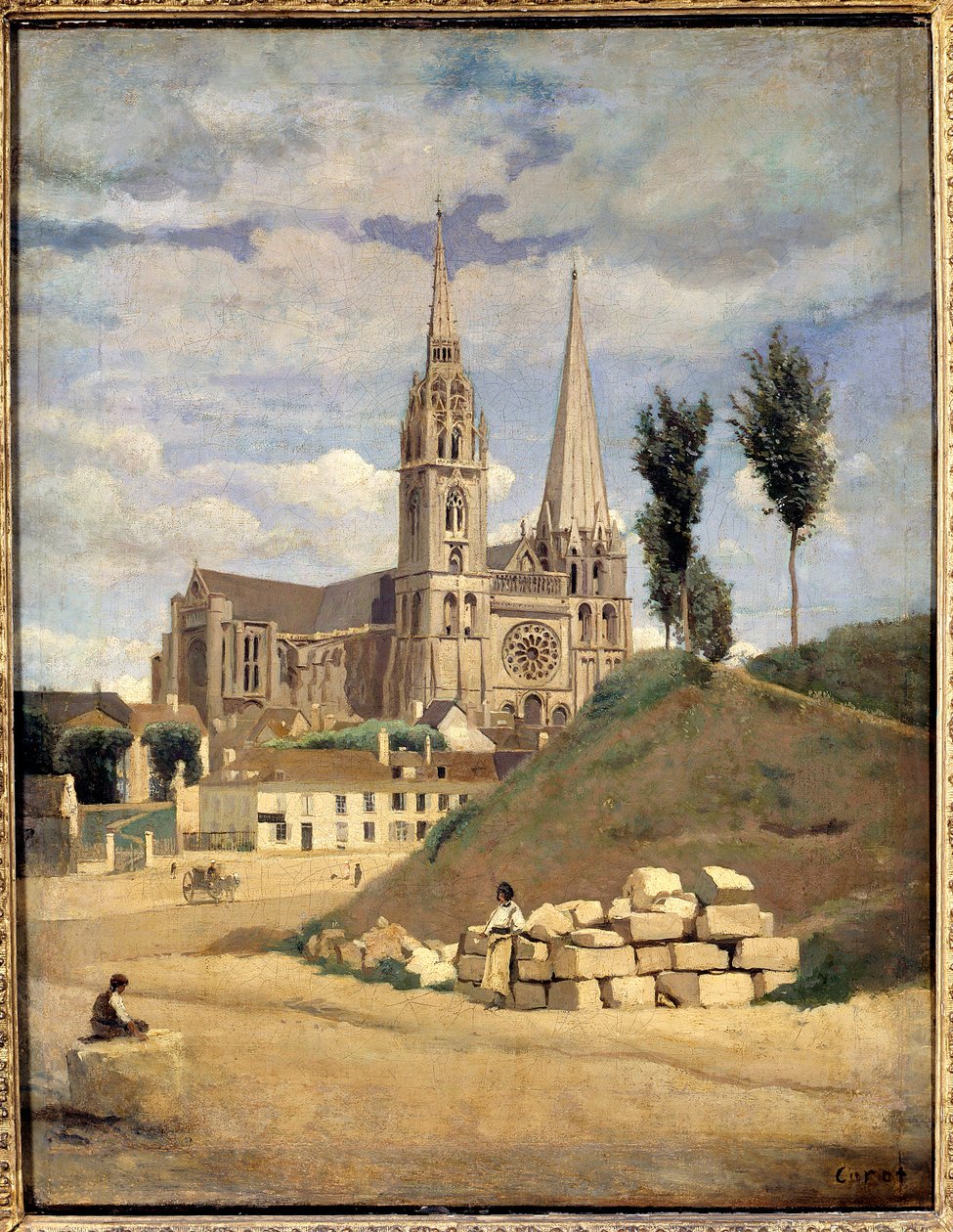 Katedrála v Chartres. Vnější pohled na Cathedrale Notre Dame (Notre-Dame) v Chartres - obraz Camille Corot (1796-1875) od Jean Baptiste Camille Corot