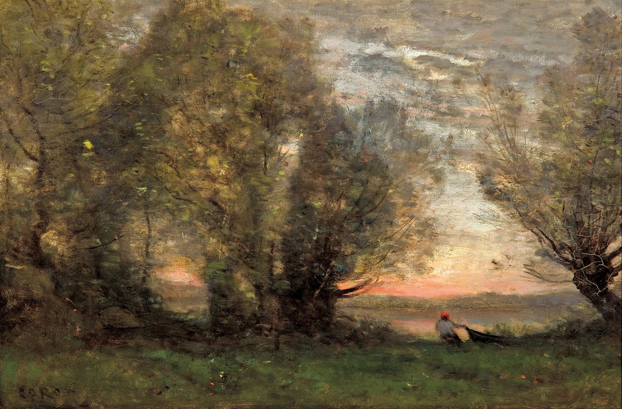 Rybář, večerní efekt, cca 1860-1870 od Jean Baptiste Camille Corot