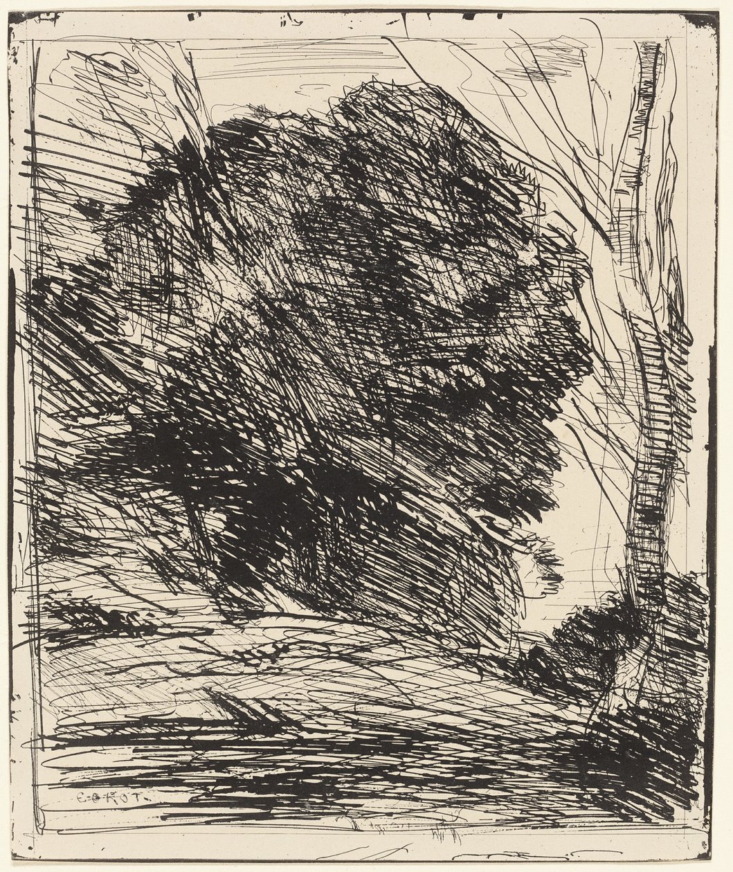 Stromy na úbočí hory od Jean Baptiste Camille Corot