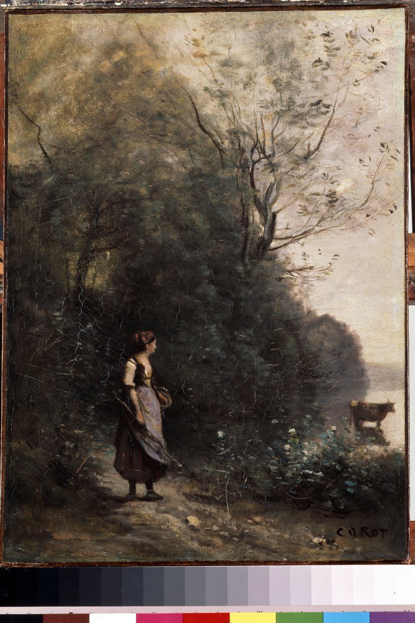 "Pastýčka a její stádo krav na kraji lesa" (Pastýřka s krávou na kraji lesa) Obraz Camille Corot (1796-1875) 1865-1870 Rozměr 47,5x35 cm Muzeum l poustevny , Petrohrad od Jean Baptiste Camille Corot